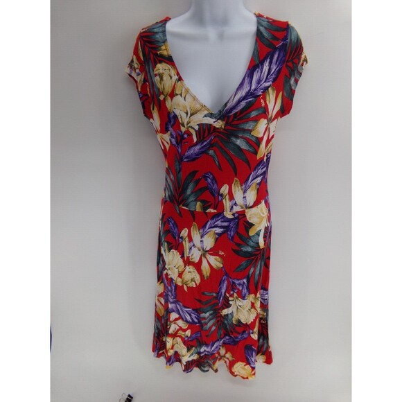 Lascana Venus Red tropical Floral Dress Midi Short Sleeve Day Dress Womens Small - Picture 3 of 13